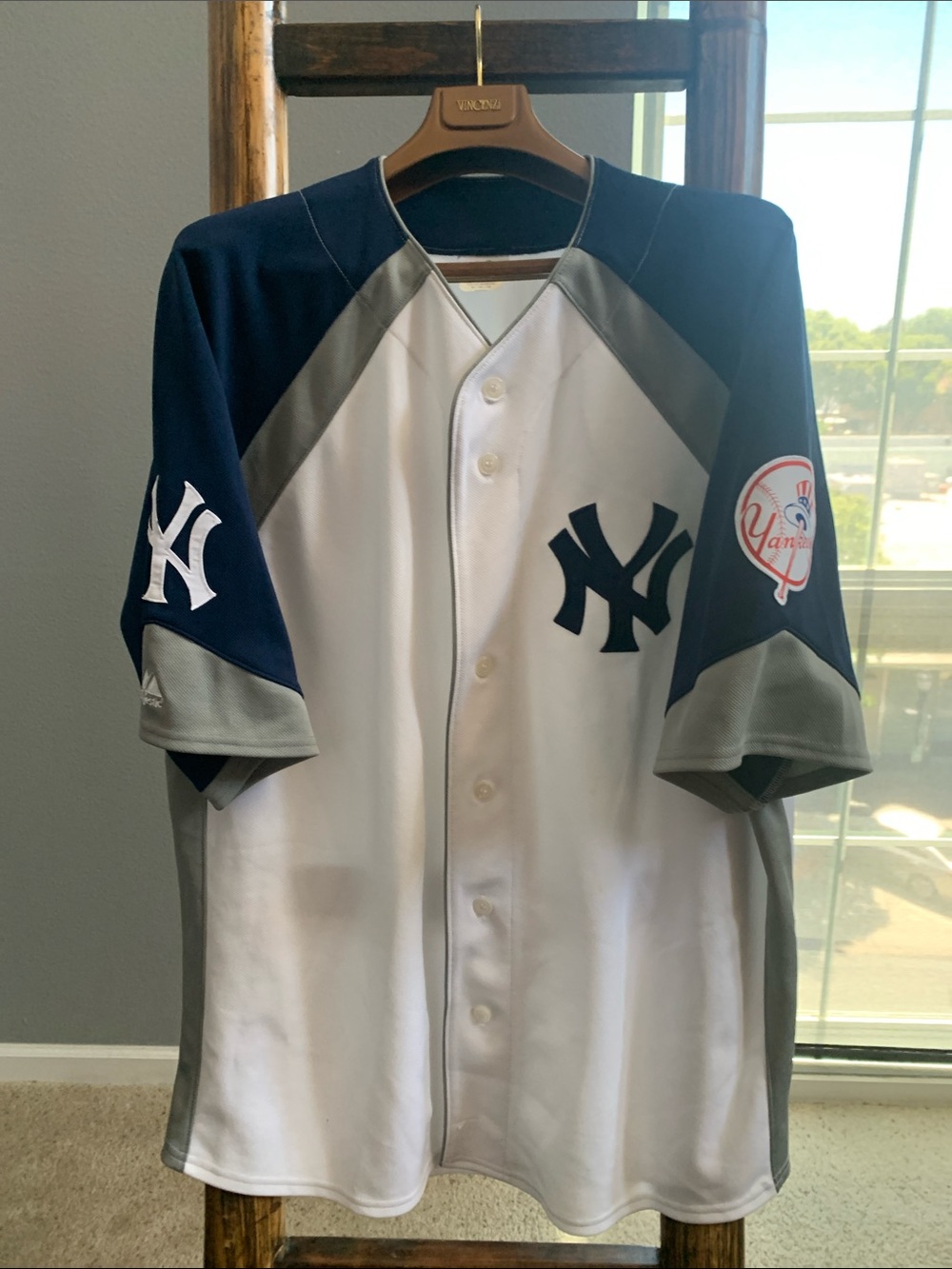 Majestic White Jersey with Navy and Red Logo Trim